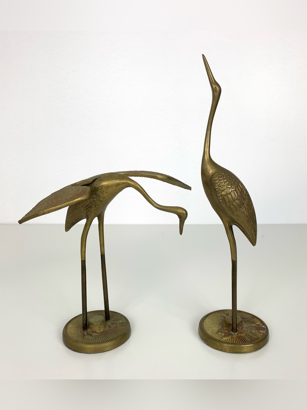 Set Of 2 Brass Cranes Sculptures Pair Birds Vtg Gold Colored Nature MCM Decor